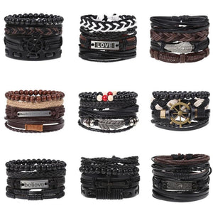 Braided 4pc Leather Bracelet Set, DIY Layer Men's Leather Bracelet