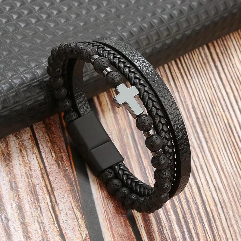 Men's Braided Leather Bracelet w/ Magnet Buckle