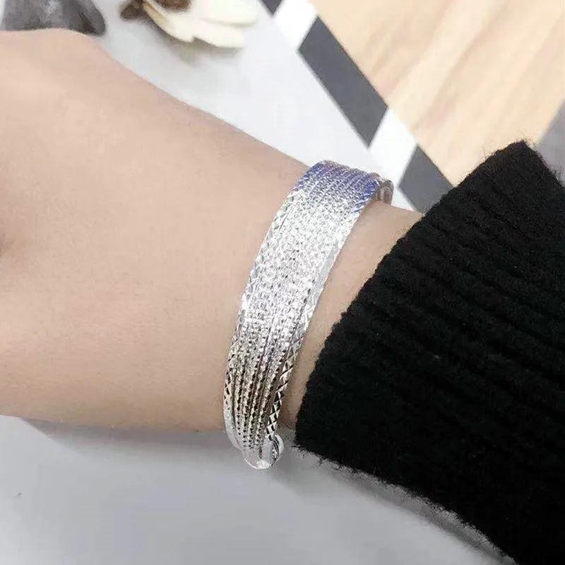 Foxanry Silver Wide Bracelet Vintage Line Pattern Bangles for Women