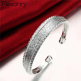 Foxanry Silver Wide Bracelet Vintage Line Pattern Bangles for Women
