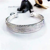 Foxanry Silver Wide Bracelet Vintage Line Pattern Bangles for Women