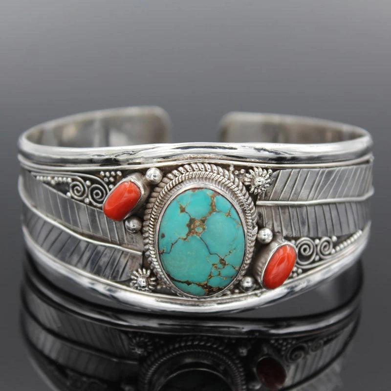 Boho Green Stone Bracelet Vintage Open Bangle for Women