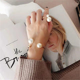 Geometric Asymmetry Pearl Double Layer Opening Adjustable Bangle