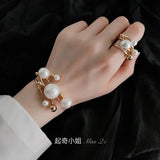 Geometric Asymmetry Pearl Double Layer Opening Adjustable Bangle