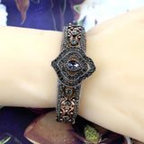Vintage Bangle Cuff Bracelet Grey Crystal Flower Banquet Jewelry