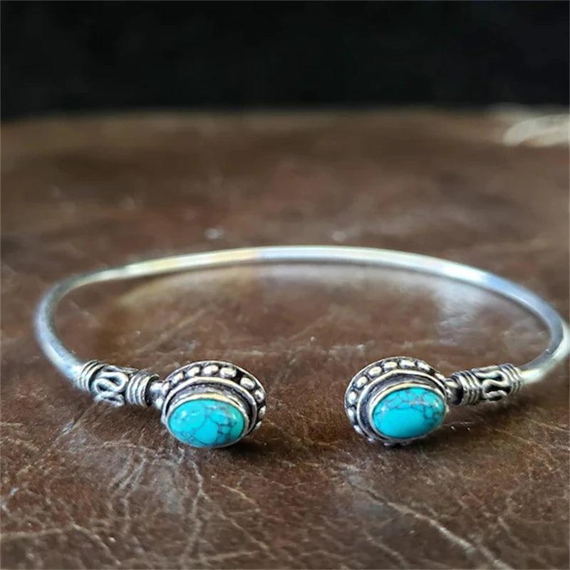 Retro Ethnic Sterling Silver Open Stone Bracelet, High-End Ladies Jewelry