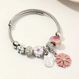 Adjustable Stainless Steel Daisy Charms Bangle Bracelet for Women Men