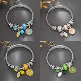 Adjustable Stainless Steel Daisy Charms Bangle Bracelet for Women Men