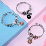 Adjustable Stainless Steel Daisy Charms Bangle Bracelet for Women Men