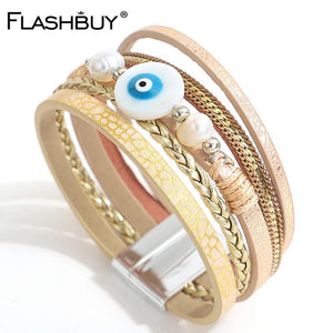 Boho Evil Eye Leather Bracelet Women Statement Braided Wrap Ethnic Jewelry