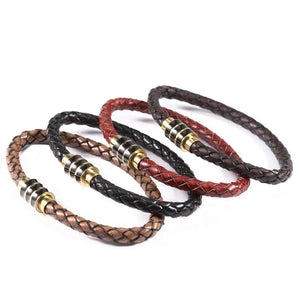 Vintage Braided Leather Bracelet Stainless Steel Magnetic Clasp