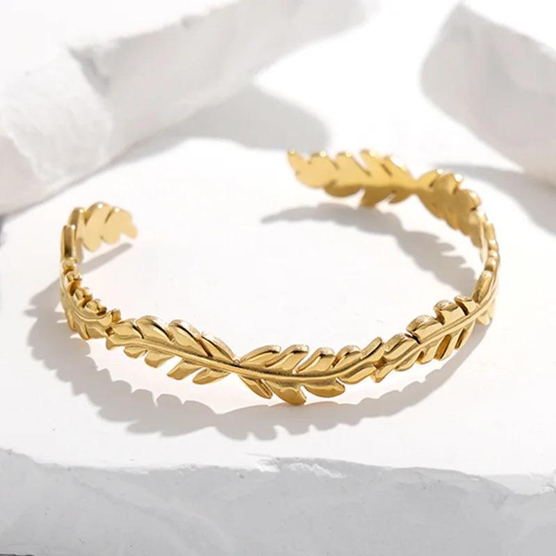 316L Stainless Steel Leaves Cuff Bracelet For Women Girl Adjustable Bangles