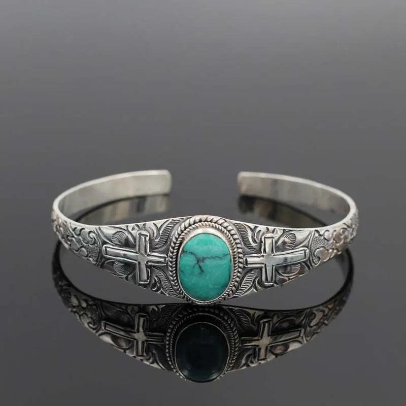 Green Stone Cross Pattern Bracelets Vintage Bangles for Women