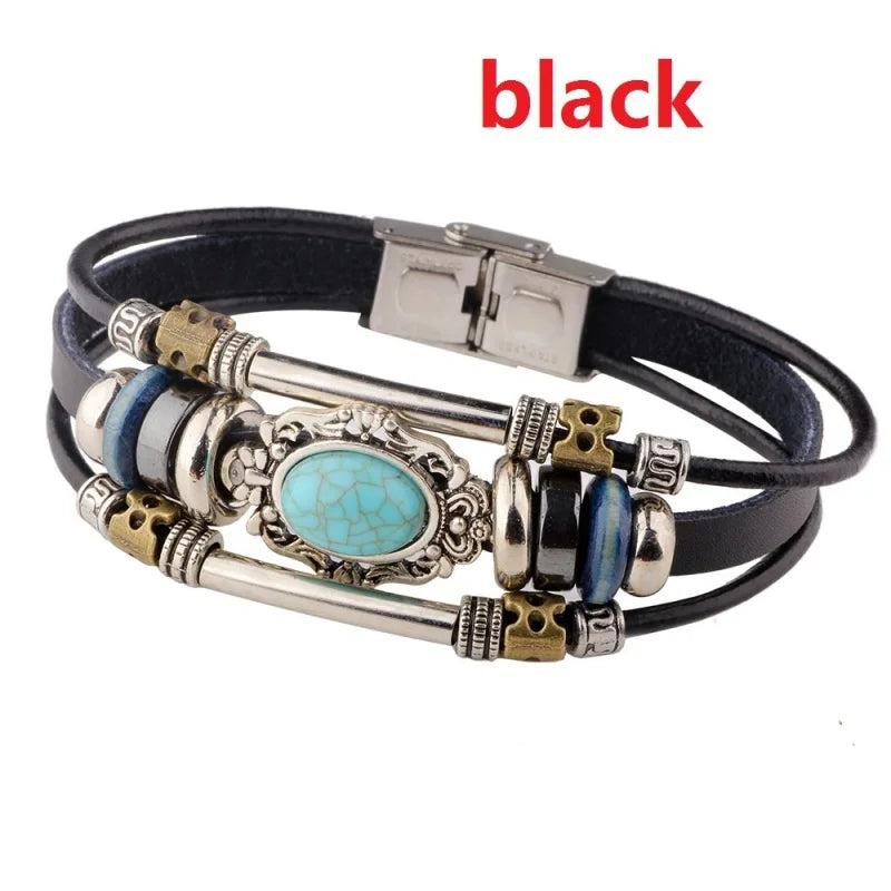 Vintage Inlaid Bluestone Leather Bracelet for Men