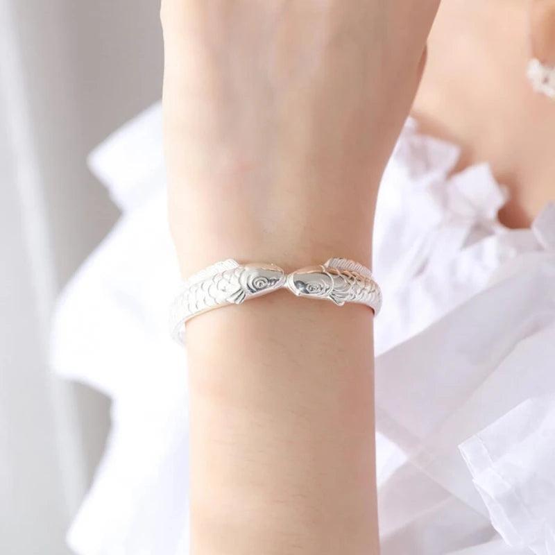 Memory Two Fish Retro Literary Good Luck Silver Female Resizable Bangles