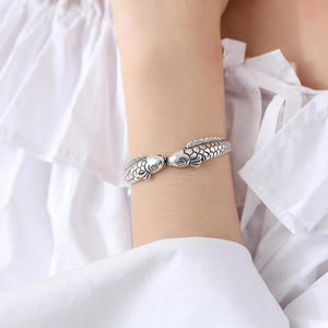 Memory Two Fish Retro Literary Good Luck Silver Female Resizable Bangles
