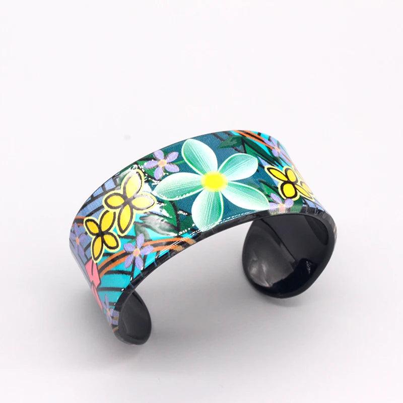 Ethnic Flower Plant Painted Bangle Cuff Bracelet Acrylic Retro Wide Bangle