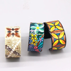 Ethnic Flower Plant Painted Bangle Cuff Bracelet Acrylic Retro Wide Bangle