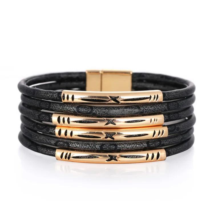 Bohemia Multilayer Leather Bracelet Magnetic Buckle Copper Tube Leopard Wrap