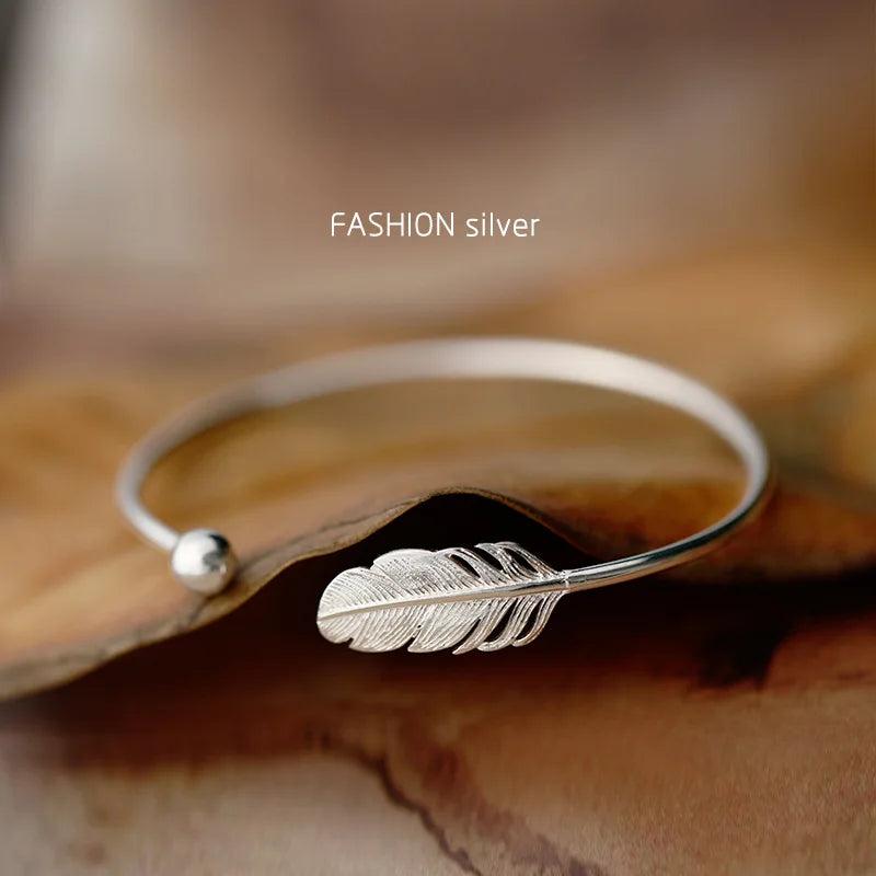 Feather Opening Bracelet Silver Plated Jewelry for Women