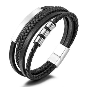 Multilayer Leather Braided Bracelets Men's Geometric Titanium Beaded Jewelry