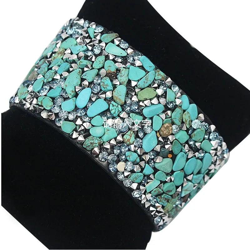 Colorful Gem Leather Bangle Bracelet with Magnet Clasp