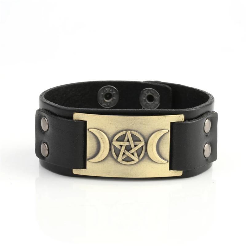 Triple Moon Goddess Wicca Leather Bracelet