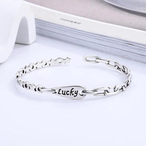 Retro Style Lucky Letters Hollow Bangle Silver Plated Lock Chain Opening Bracele