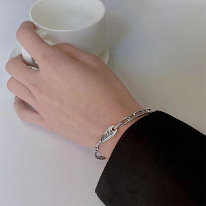 Retro Style Lucky Letters Hollow Bangle Silver Plated Lock Chain Opening Bracele