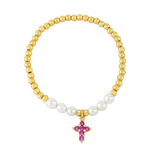 Pearl Beads Cross Bracelet Copper Plated Elastic Catholic Jewelry