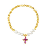 Pearl Beads Cross Bracelet Copper Plated Elastic Catholic Jewelry