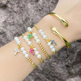 Pearl Beads Cross Bracelet Copper Plated Elastic Catholic Jewelry