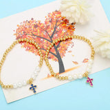 Pearl Beads Cross Bracelet Copper Plated Elastic Catholic Jewelry