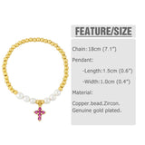 Pearl Beads Cross Bracelet Copper Plated Elastic Catholic Jewelry