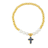 Pearl Beads Cross Bracelet Copper Plated Elastic Catholic Jewelry