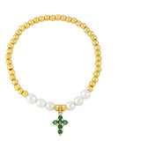 Pearl Beads Cross Bracelet Copper Plated Elastic Catholic Jewelry