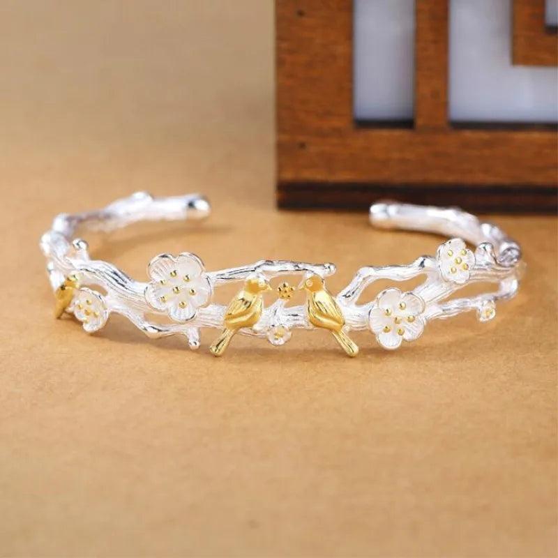Creative Silver Plated Bird Plum Blossom Bangle