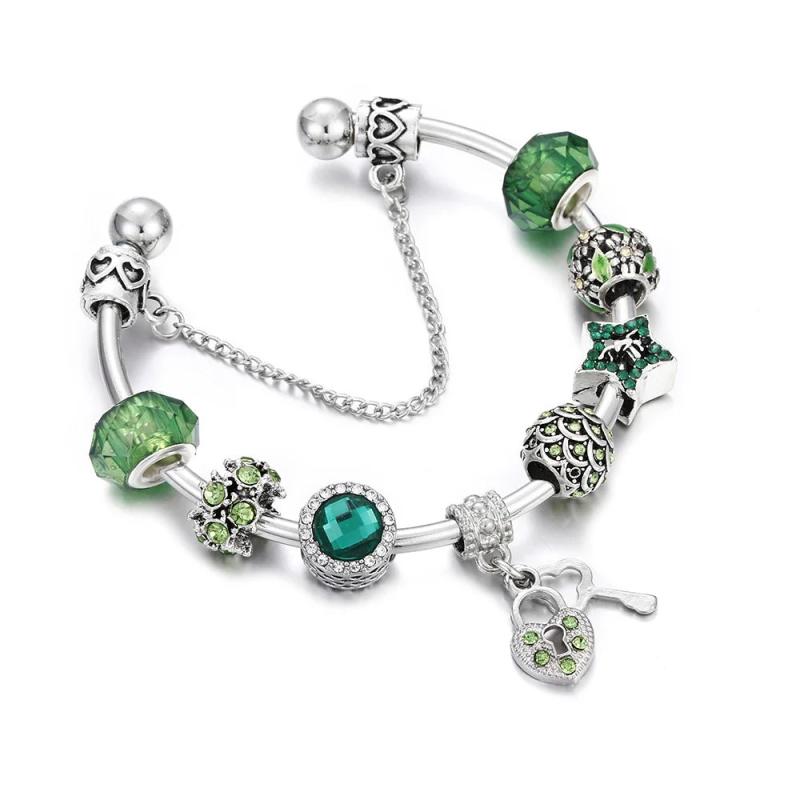 Summer Women Silver Bracelets Pink Crystal Heart Flower Beads Charm Bracelet
