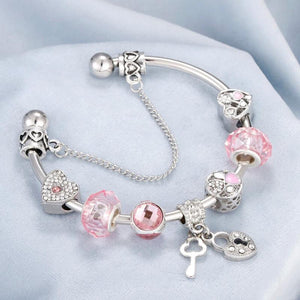 Summer Women Silver Bracelets Pink Crystal Heart Flower Beads Charm Bracelet