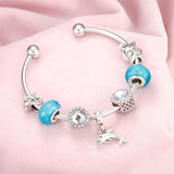 Summer Women Silver Bracelets Pink Crystal Heart Flower Beads Charm Bracelet