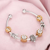 Summer Women Silver Bracelets Pink Crystal Heart Flower Beads Charm Bracelet