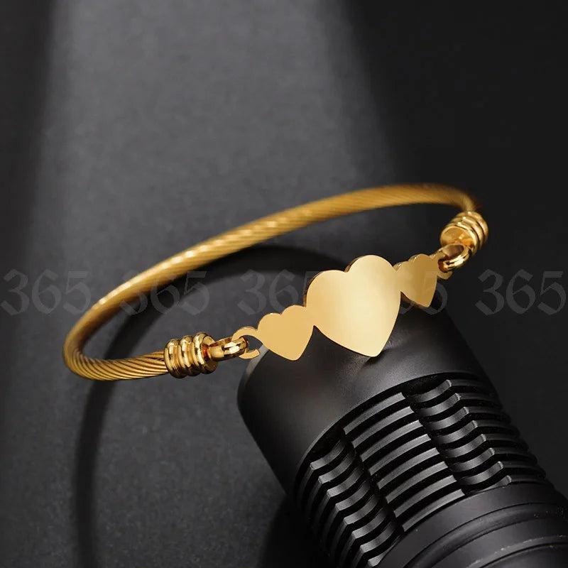 Stainless Steel Three Heart Cuff Bracelet Silver Lady Girl Heart Bangle