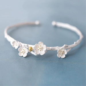 Plum Blossom Cherry Blossoms Silver Bangle