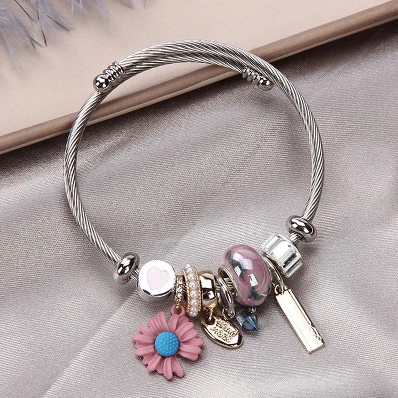 Stainless Steel Bracelets Daisy Heart Cat Letter Pendant Beads Bracelet