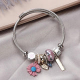 Stainless Steel Bracelets Daisy Heart Cat Letter Pendant Beads Bracelet