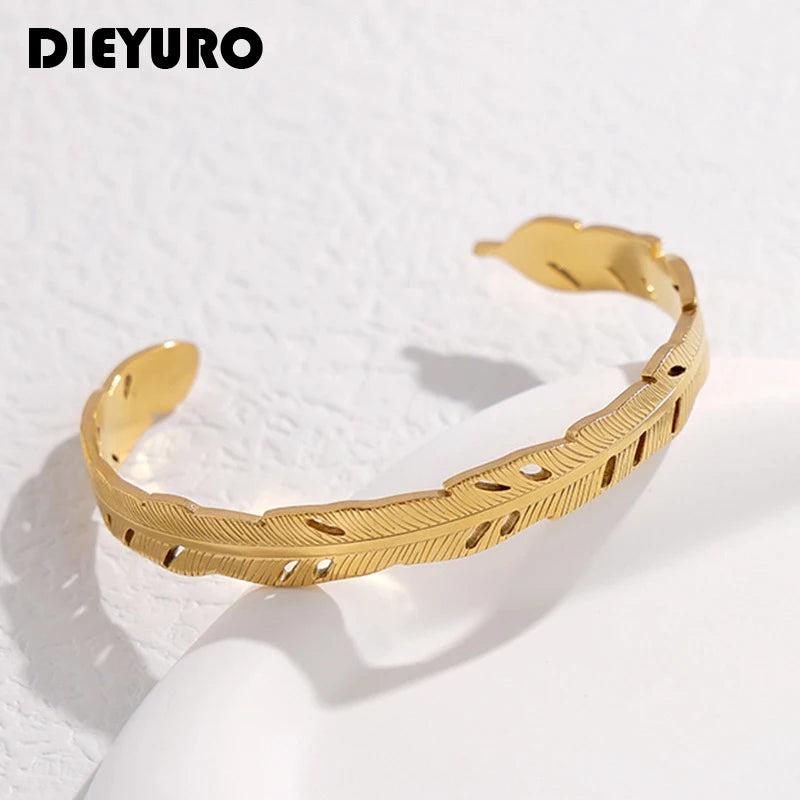 316L Stainless Steel Feather Cuff Bracelet For Women Girl Bangle Gift