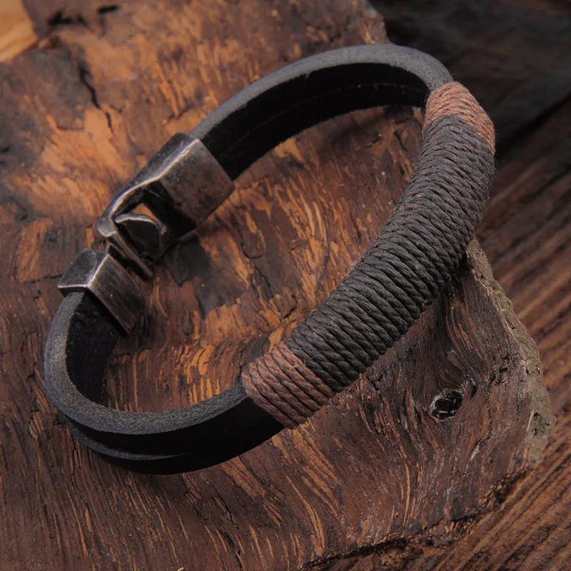 Double Row Gunny Bag Leather Punk Bracelet Men's Knitted