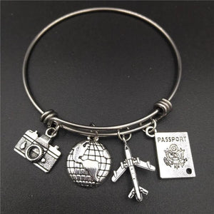 Stainless Steel Love Travel Bracelet w/ Charms - Camera Globe Plane Passport
