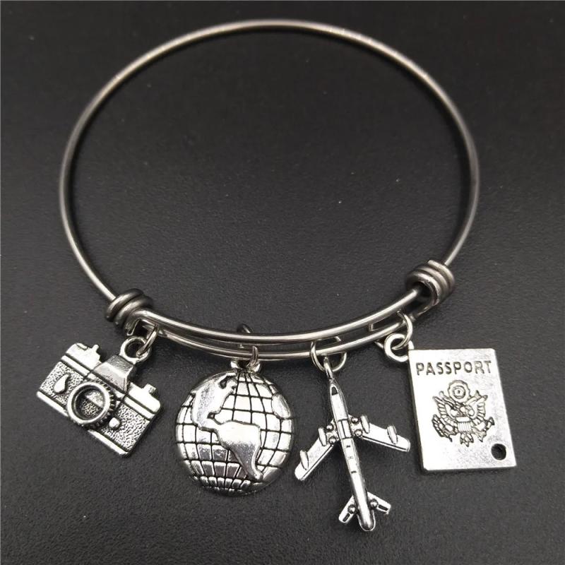 Stainless Steel Love Travel Bracelet w/ Charms - Camera Globe Plane Passport