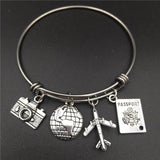 Stainless Steel Love Travel Bracelet w/ Charms - Camera Globe Plane Passport